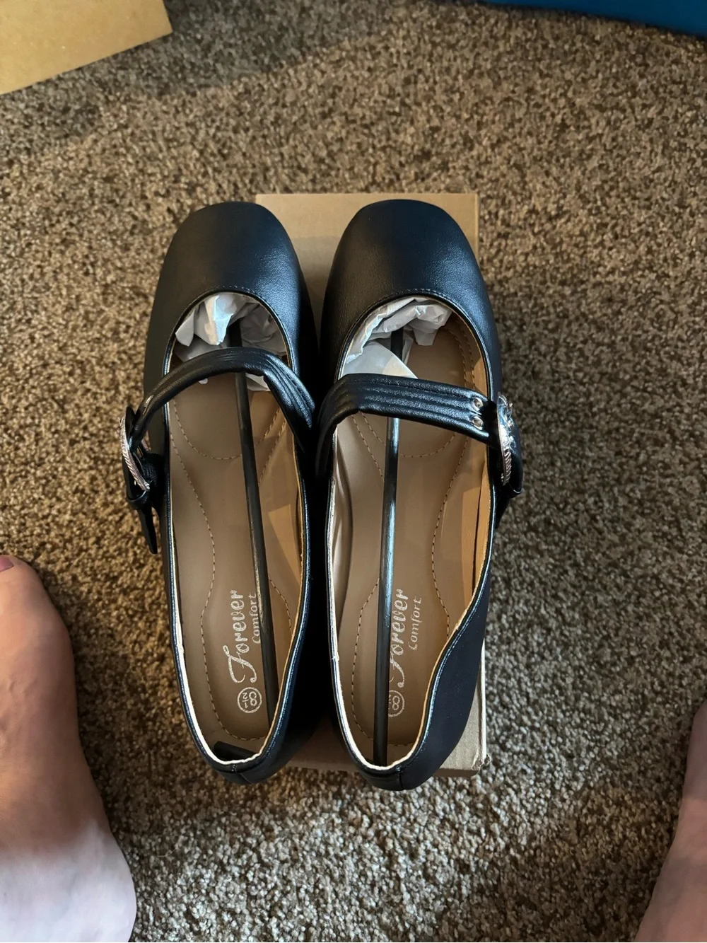Black Helena Women’s Square Toe Flats w/ Buckle Strap. 8 1/2. Forever Link Int’l